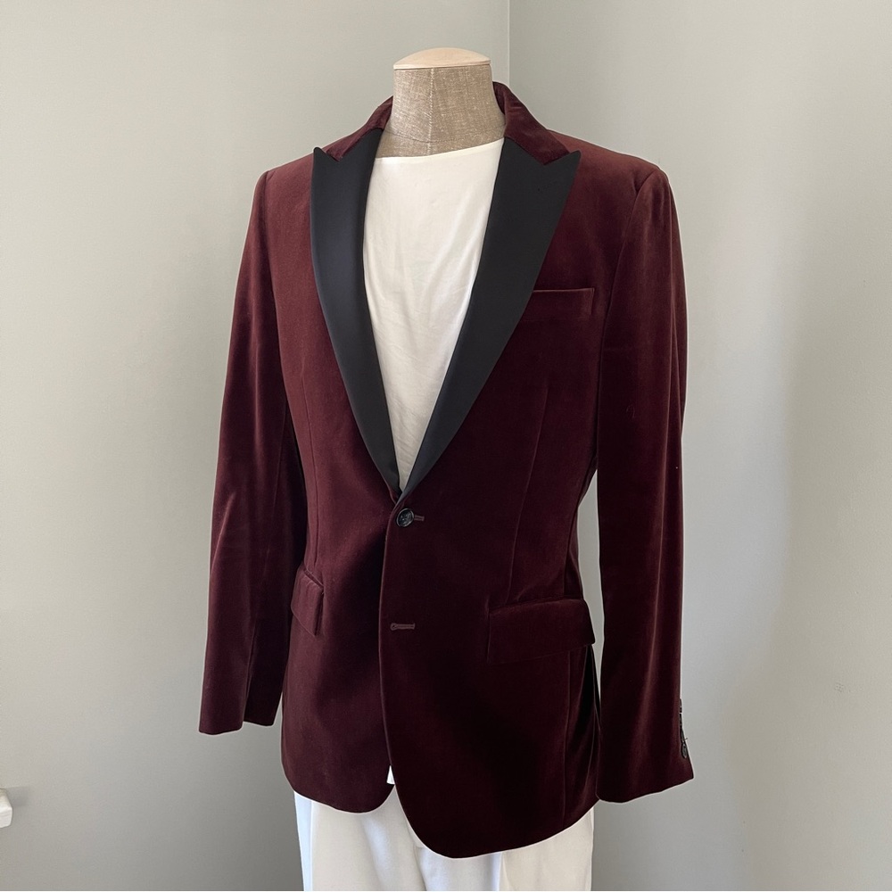 J. Crew Burgundy Velvet Blazer with Black Satin Peak Lapel